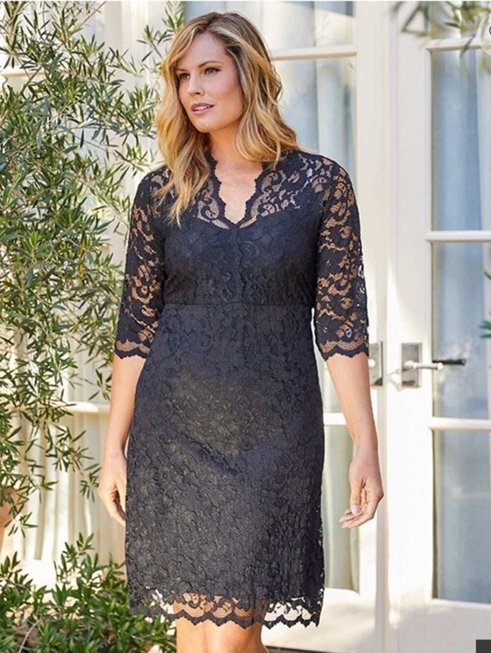 Karen Kane Plus 0x Black Stretch Lace Scalloped V-Neck Cocktail Dress Whimsigoth